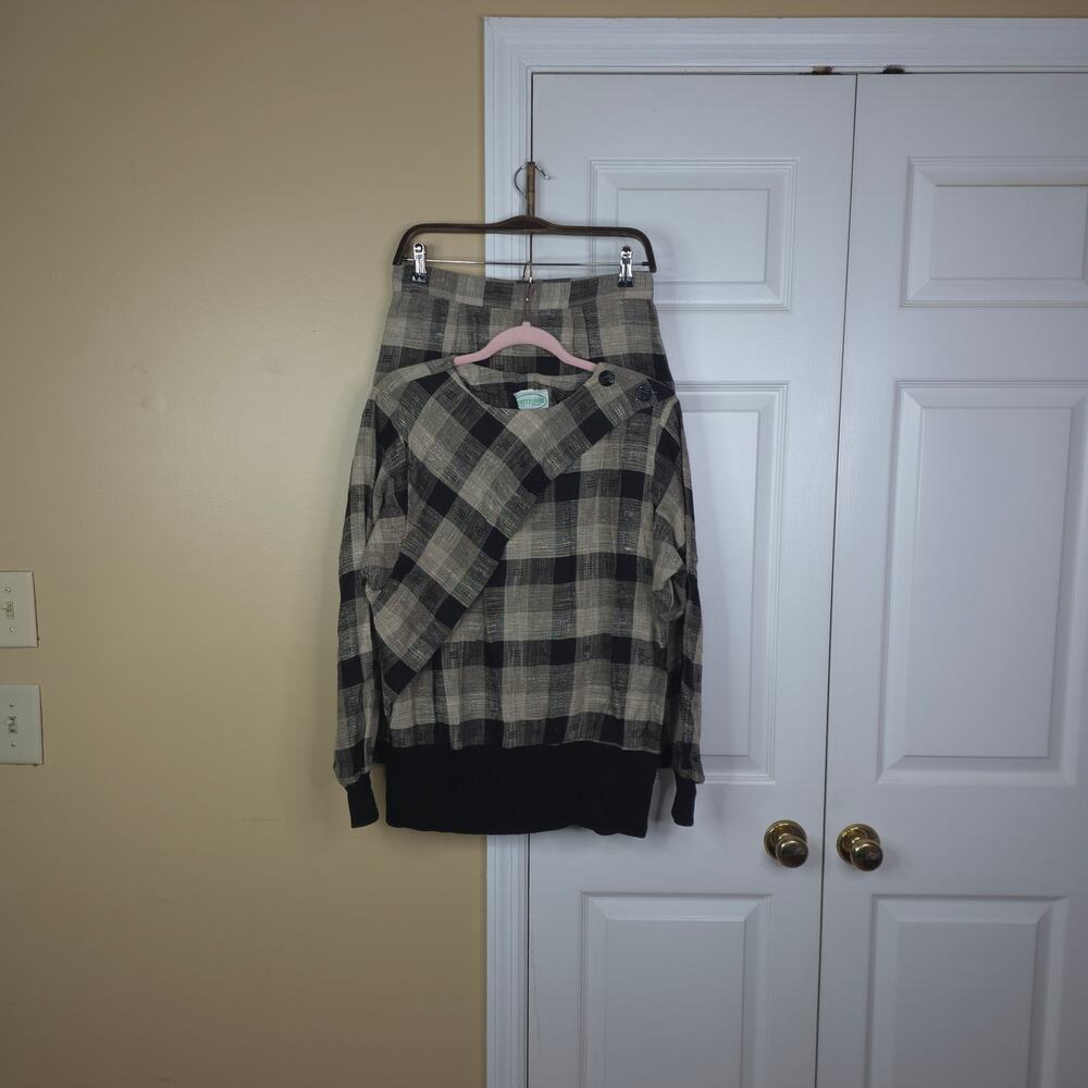 Vintage 70s Patty O'Neil Gray Plaid Cowl Neck Top & Skirt 2-Pc Lounge Set 11/12